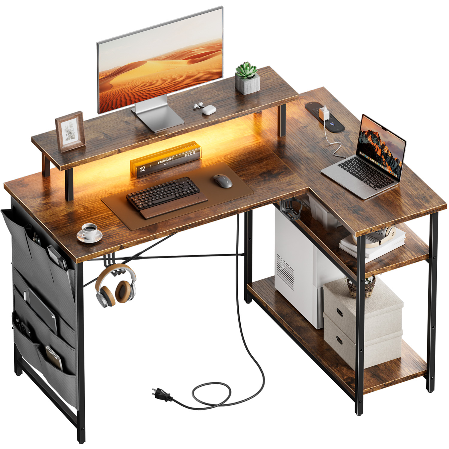 Office Furniture Suppliers - L-Shaped Computer Desk, featuring power outlets